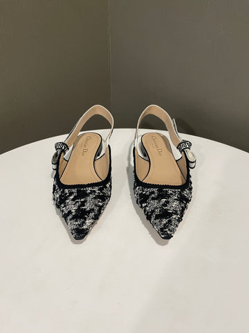 Dior J'Adior Slingback Flat Black /  White Houndstooth  Size 35.5