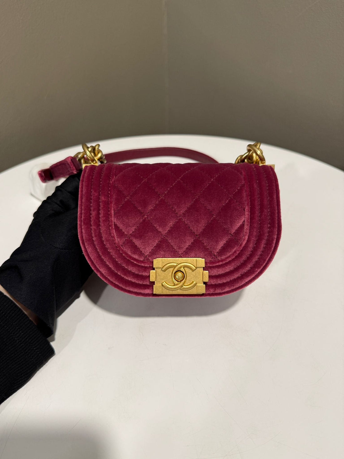 Chanel Quilted Mini Curve Boy Bag Wine Velvet