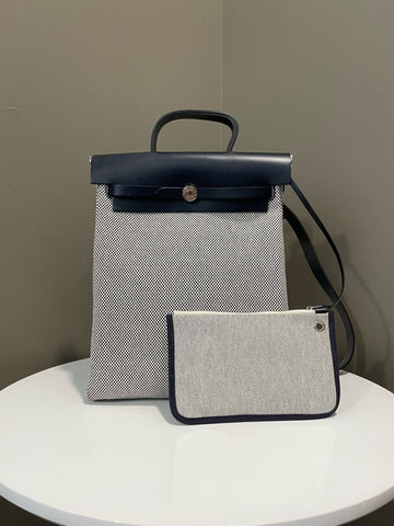 Hermes Herbag A Dos Zip Backpack Ecru / Noir / Blue Indigo Retourne