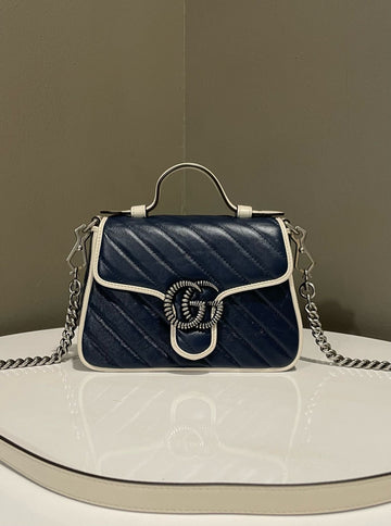Gucci Marmont Top Handle Flap Bag Dark Navy / White