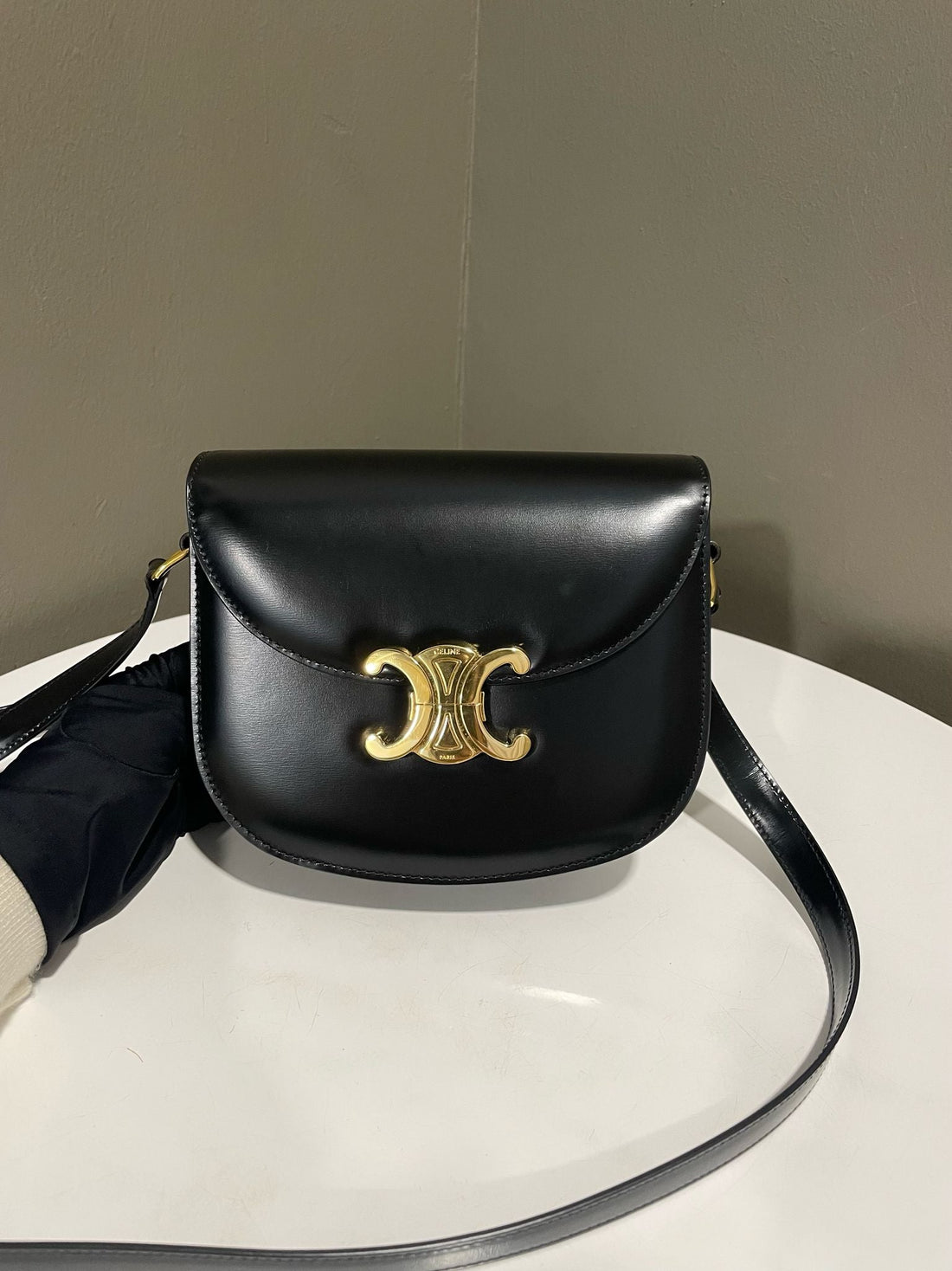 Celine Besace Clea Triomphe Bag Black Shiny Calfskin