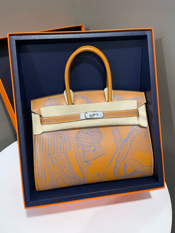 Hermes Birkin 30 Sellier Zouaves ET Dragons Natural Sable/ Bleu Zanzibar