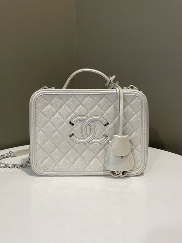 Chanel Filigree Vanity Case  Silver Caviar