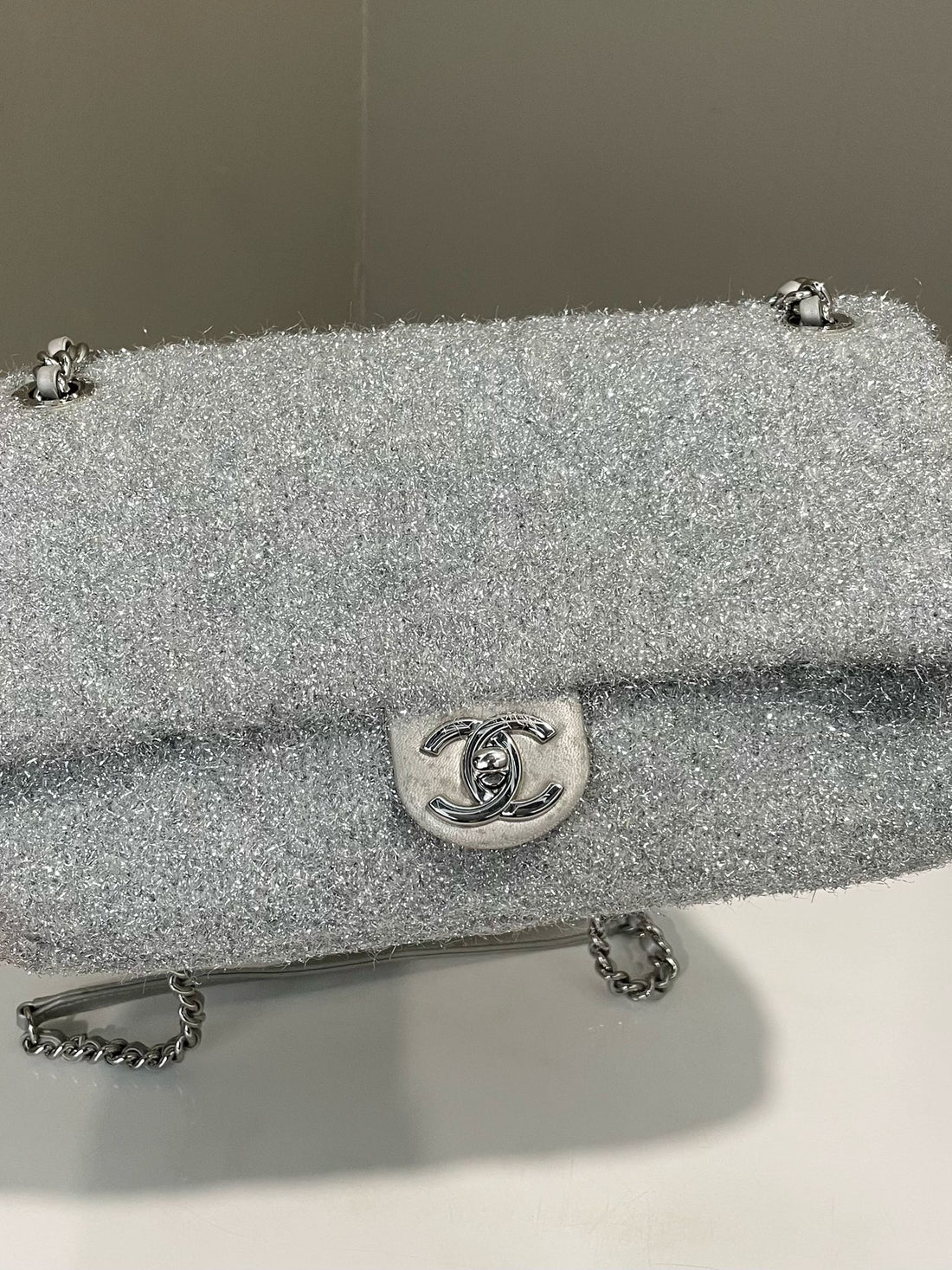 Chanel Quilted Cc Pluto Glitter Flap Bag Silver Gilts