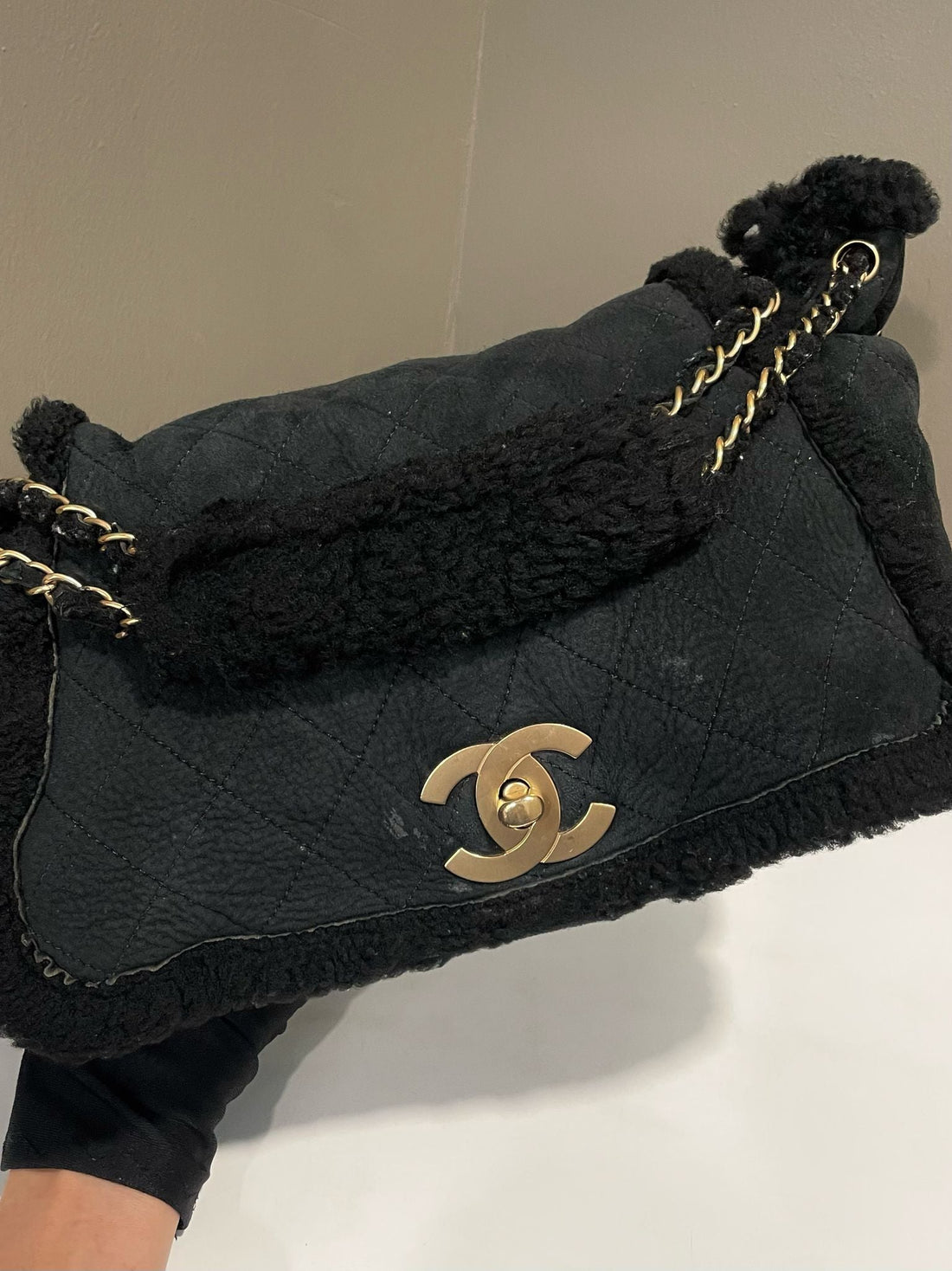 Chanel Shearling Accordion Flap Bag Black Suede