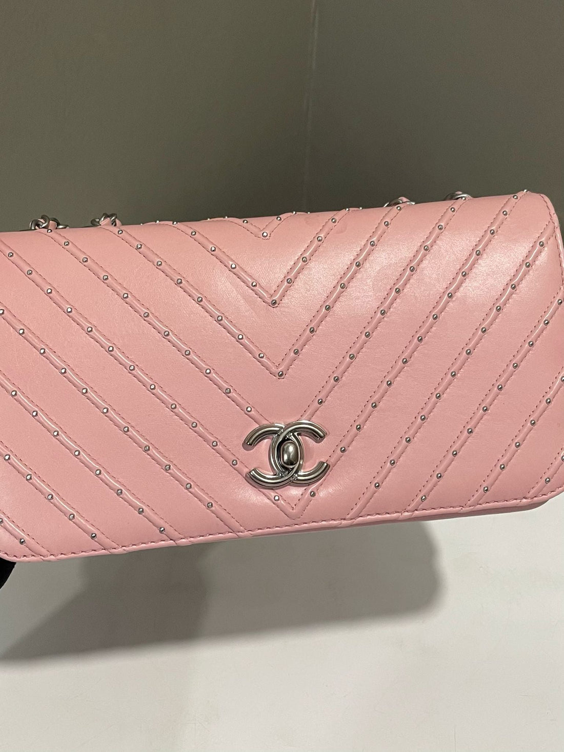 Chanel Chevron Studded Flap Bag Pink Lambskin