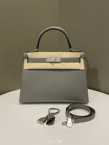 Hermes Kelly 28 Sellier Gris Meyer Veau Madame