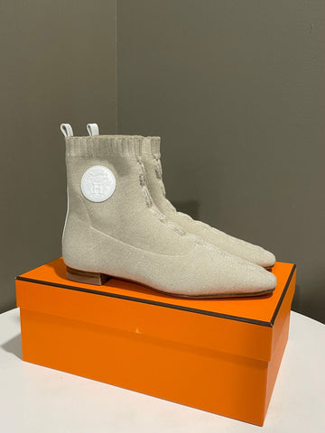 Hermes Duo Ankle Boot Beige Knit Motif Size 36.5