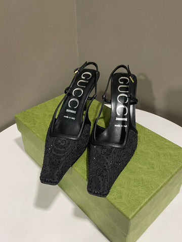 Gucci GG Crystal Slingback Heels Black / Rhinestones  Size 36
