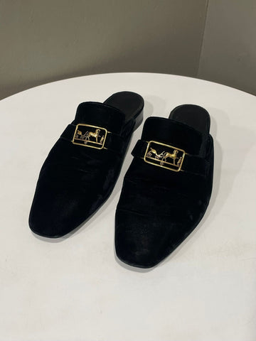 Hermes Vincennes Mules Black Velour Velvet   Size 41