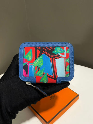 Hermes Compact Silk Zip Around  Blue Silk/ Epsom