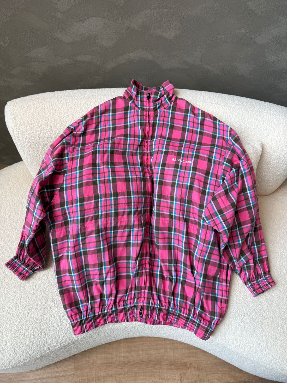 Balenciaga Zip Up Oversized Jacket Fuchsia Multicolor Checkered