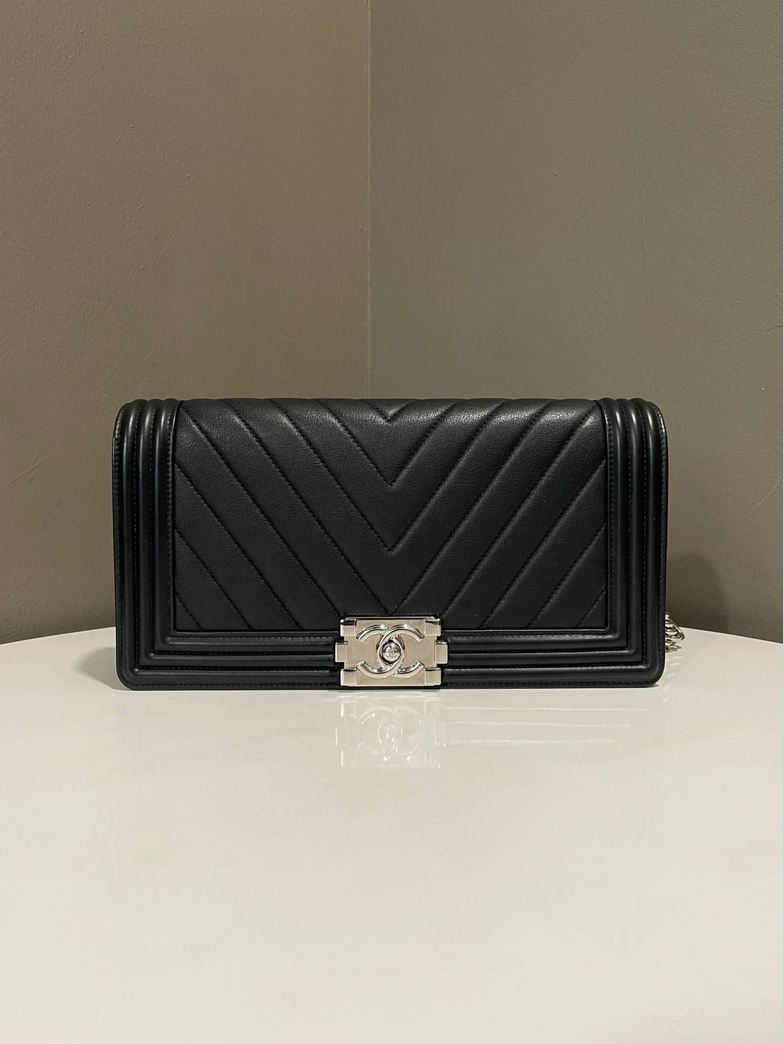Chanel Boy Clutch Bag Black Chevron Calfskin
