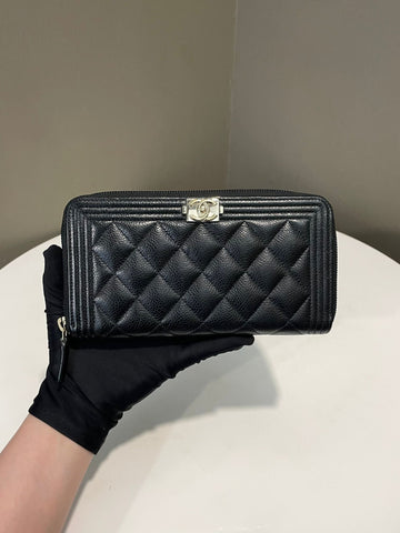 Chanel Boy Long Zip Around Wallet Black Caviar Leather