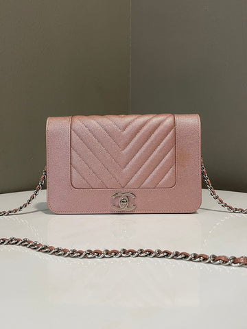 Chanel Cc Chevron Wallet On Chain Rose Gold Caviar