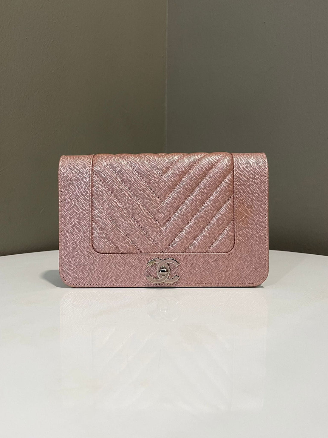Chanel Cc Chevron Wallet On Chain Rose Gold Caviar