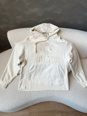 Gucci Tennis Logo Embroidered Hoodie Ecru