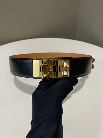 Hermes Collier De Chien Belt  Black / Gold Box Calfskin