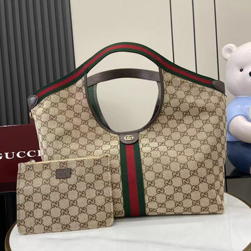 GUCCI GIGLIO TOTE BAG 60 IN BEIGE AND GREEN CANVAS by House Of Sarah