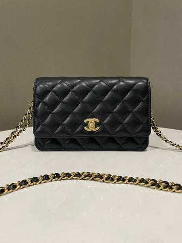 Chanel Quilted Cc Turnlock Wallet Double Chain Black Caviar