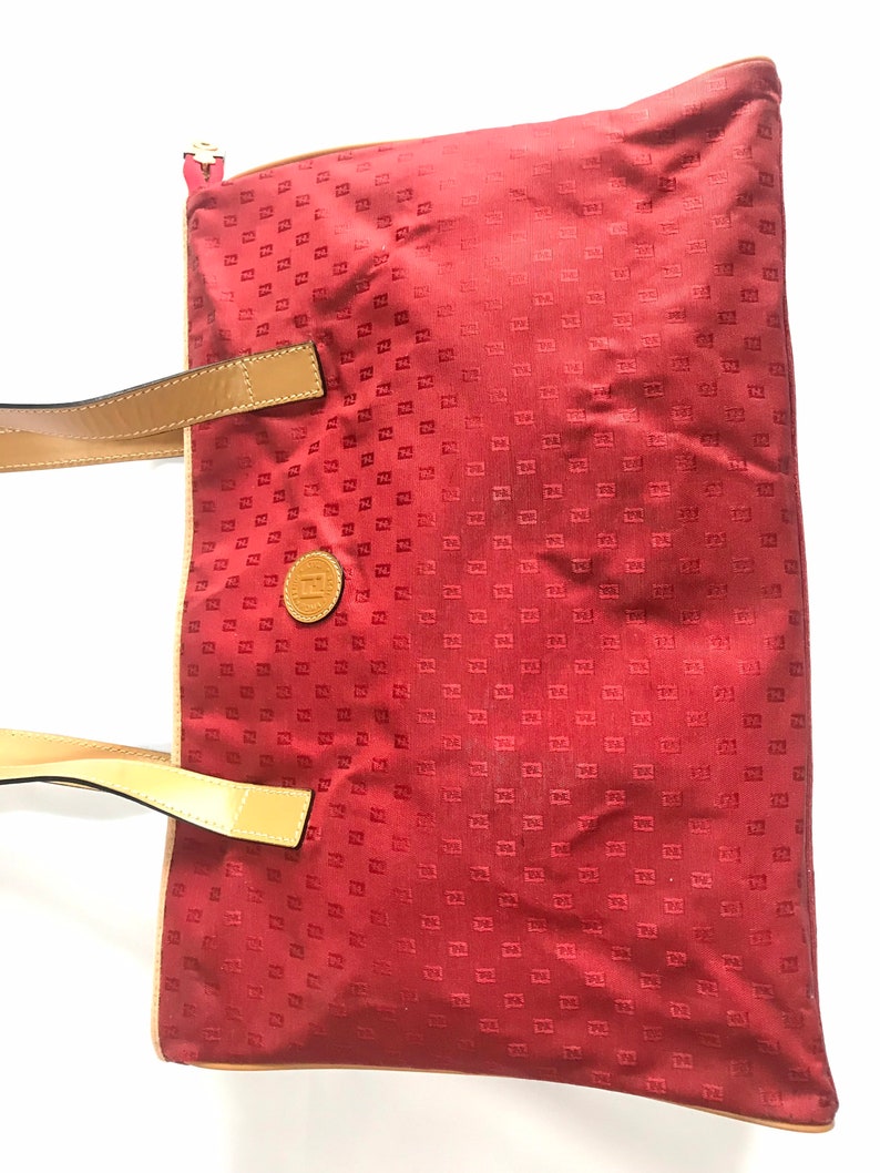FENDI   red logo jacquard fabric large shopper tote bag with brown leather handles
