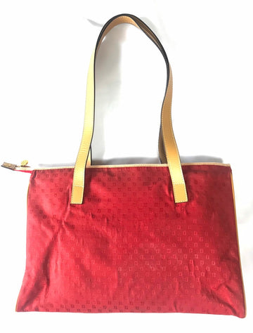 FENDI   red logo jacquard fabric large shopper tote bag with brown leather handles