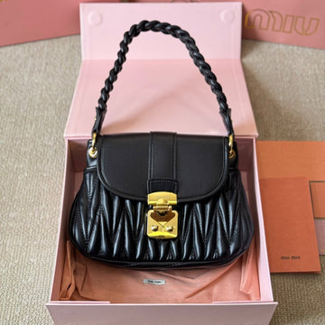 MATELASSÉ BRAIDED HANDLE SHOULDER BAG 25 IN BLACK SHINY CALFSKIN House Of Sarah Bags