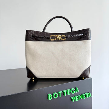 BOTTEGA VENETA 25S MEDIUM ANDIAMO 32 IN IVORY DARK BROWN CALFSKIN AND CANVAS House Of Sarah Bags