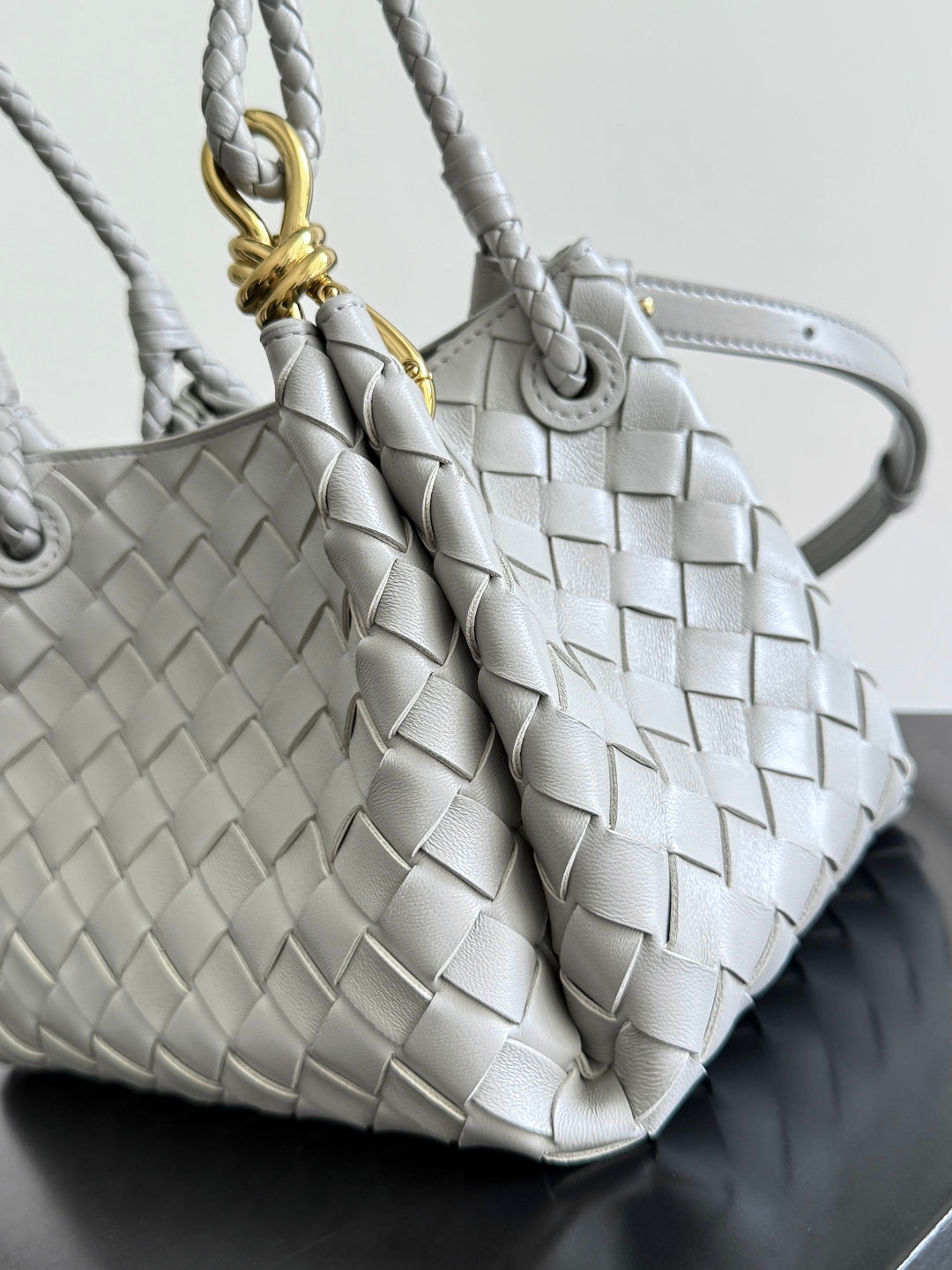 BOTTEGA VENETA 25S SMALL PARACHUTE 21 IN LIGHT GRAY CALFSKIN GOLD HARDWARE House Of Sarah Bags