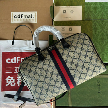 OPHIDIA LARGE BOSTON BAG 31 IN BEIGE AND BLUE GG CALFSKIN by House Of Sarah