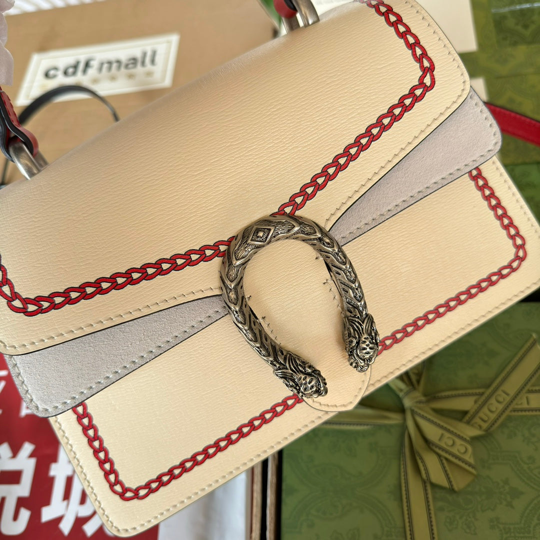 DYONYSUS SMALL TOP HANDLE BAG 24 IN BEIGE MIX RED CALFSKIN DRAGON PRINT by House Of Sarah