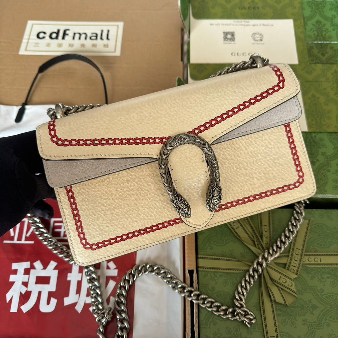 DYONYSUS SMALL SHOULDER BAG 25 IN BEIGE MIX RED CALFSKIN DRAGON LOGO PRINT by House Of Sarah