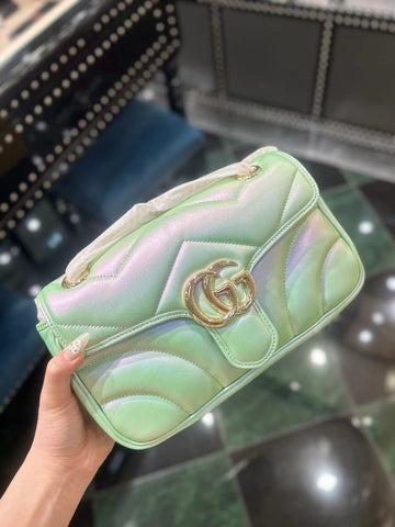 GG MARMONT 26 MEDIUM SHOULDER BAG GREEN IRIDESCENT CALFSKIN House Of Sarah Bags