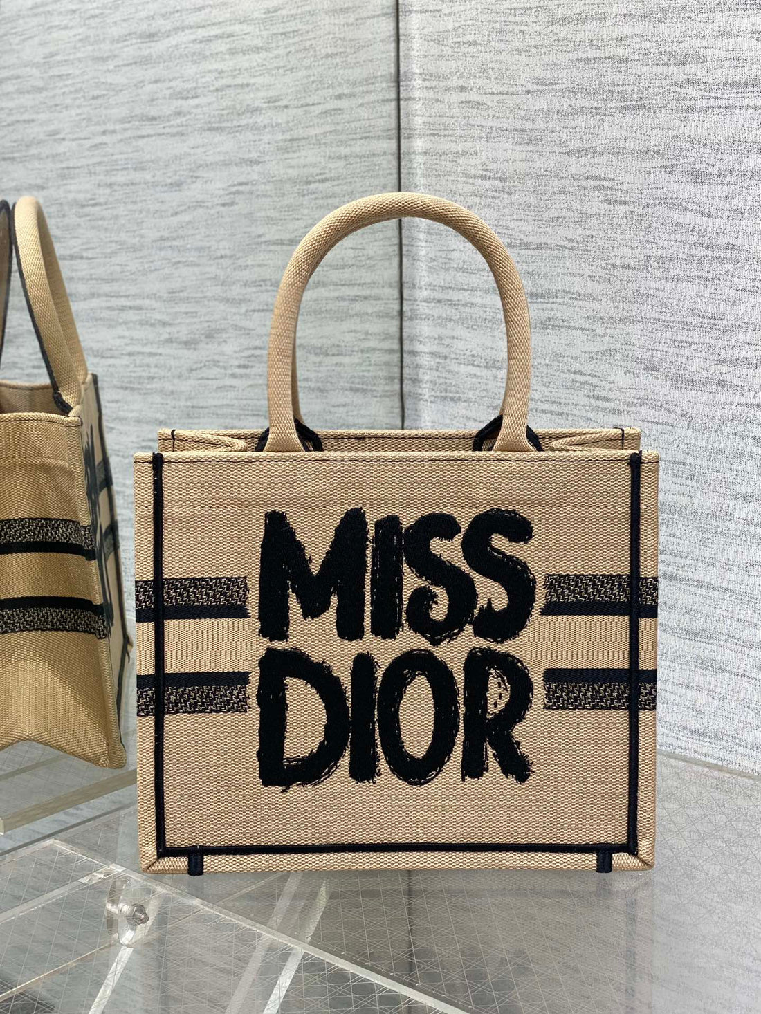 BOOK TOTE 26 BEIGE AND BLACK MISS GRAFFITI EMBROIDERY House Of Sarah Bags