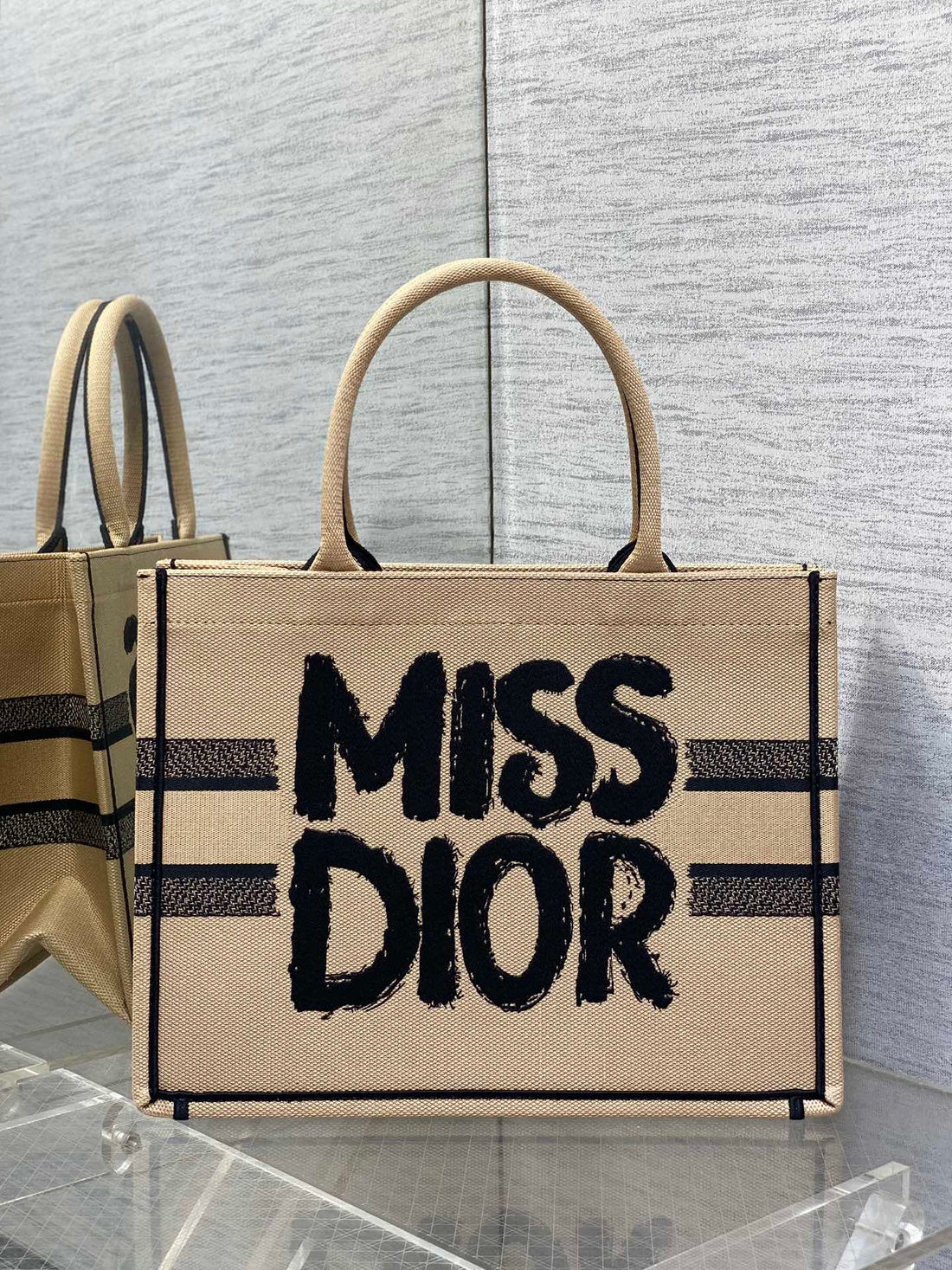 BOOK TOTE 36 BEIGE AND BLACK MISS DIOR GRAFFITI EMBROIDERY By House Of Sarah