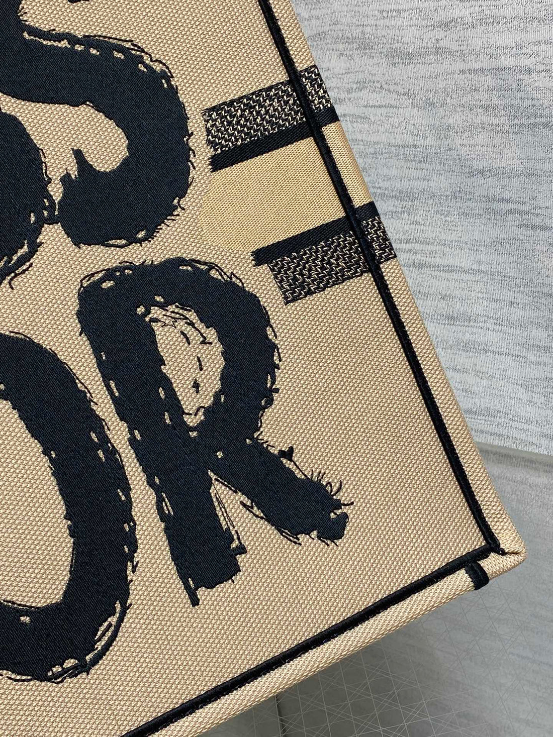 LARGE BOOK TOTE 42 BEIGE AND BLACK MISS DIOR GRAFFITI EMBROIDERY By House Of Sarah