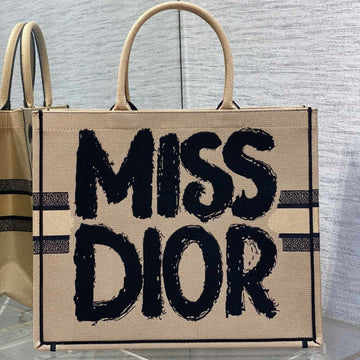 LARGE BOOK TOTE 42 BEIGE AND BLACK MISS DIOR GRAFFITI EMBROIDERY By House Of Sarah