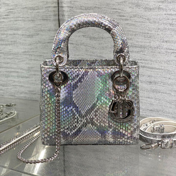 MINI 17 LADY BAG IN SILVER SNAKESKIN PATTERN LAMBSKIN By House Of Sarah
