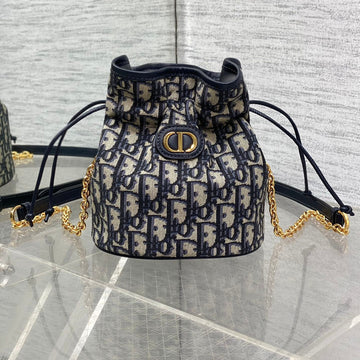 MONTAIGNE MINI 18 BUCKET BAG WITH DRAWSTRING IN BLUE OBLIQUE JACQUARD By House Of Sarah