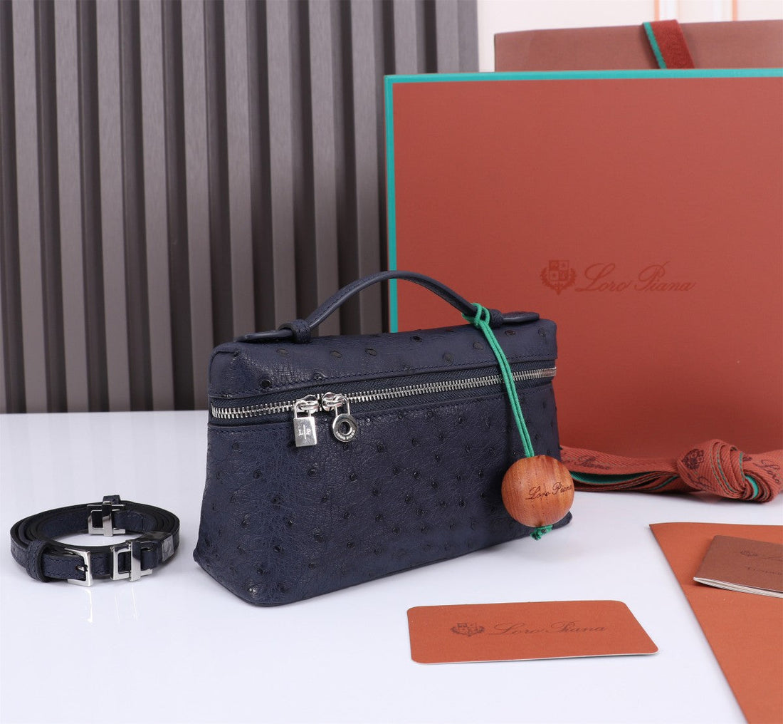 EXTRA POCKET L19 IN SPACE BLUE OSTRICH LEATHER House Of Sarah Bags