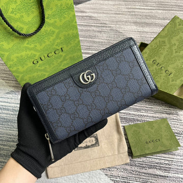 OPHIDIA GG 19 ZIP AROUND WALLET DARK BLUE CANVAS AND BLACK CALFSKIN House Of Sarah
