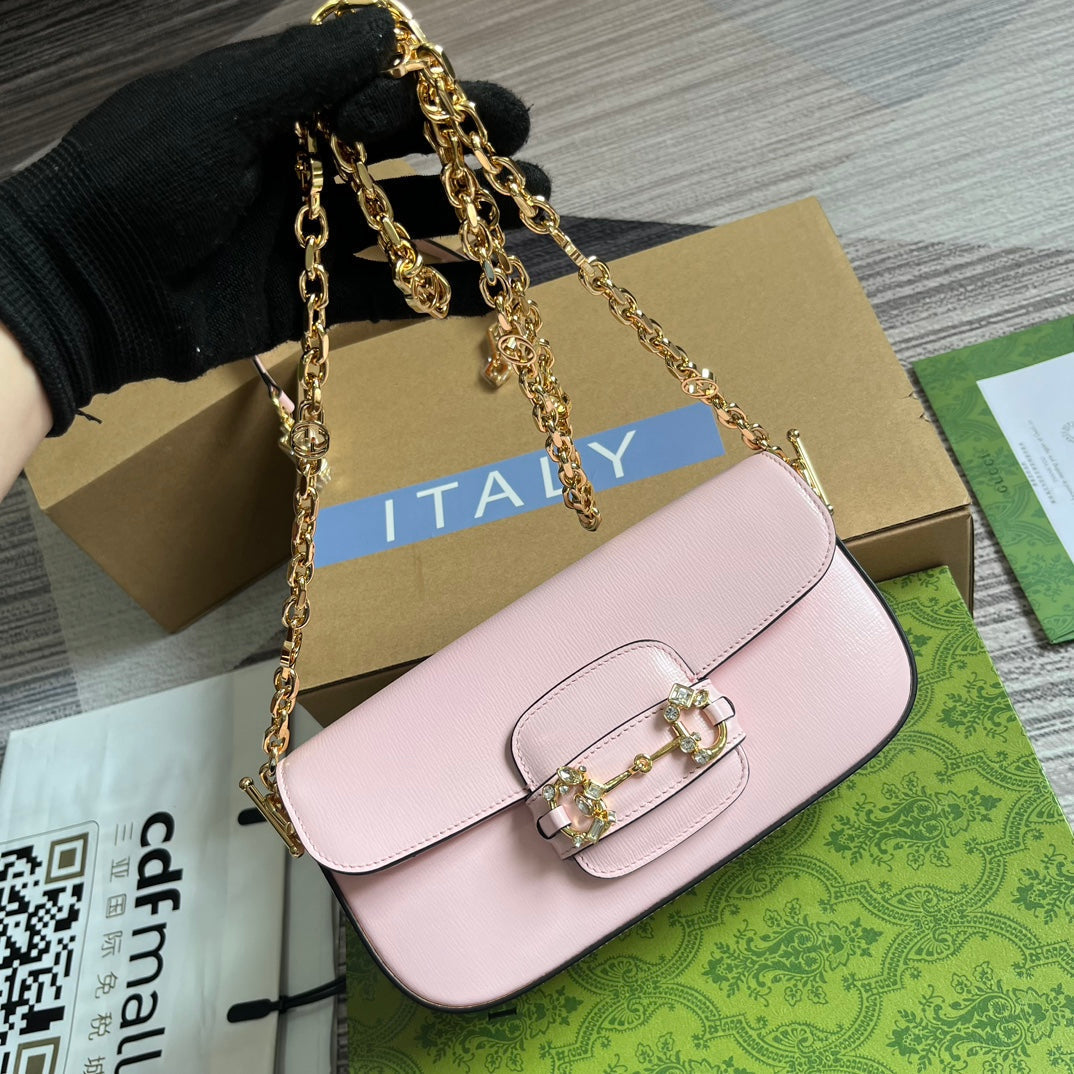 DIAMOND HORSEBIT SHOULDER BAG 24 IN LIGHT PINK CALFSKIN GOLD HARDWARE House Of Sarah Bags