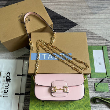 DIAMOND HORSEBIT SHOULDER BAG 24 IN LIGHT PINK CALFSKIN GOLD HARDWARE House Of Sarah Bags