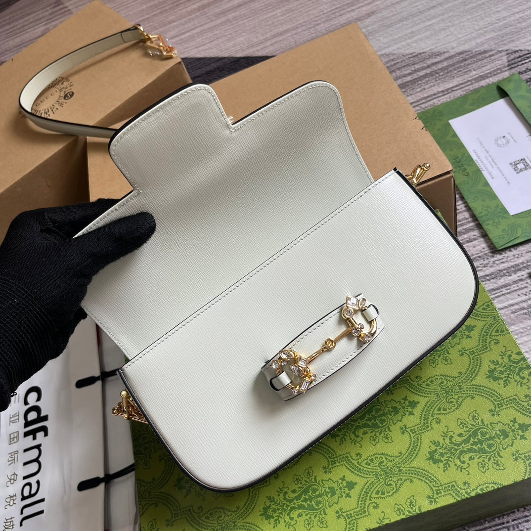 DIAMOND HORSEBIT SHOULDER BAG 24 IN WHITE CALFSKIN GOLD HARDWARE by House Of Sarah