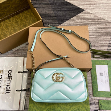 GG MARMONT 24 SMALL MATELASSÉ SHOULDER BAG BLUE IRIDESCENT CALFSKIN House Of Sarah Bags