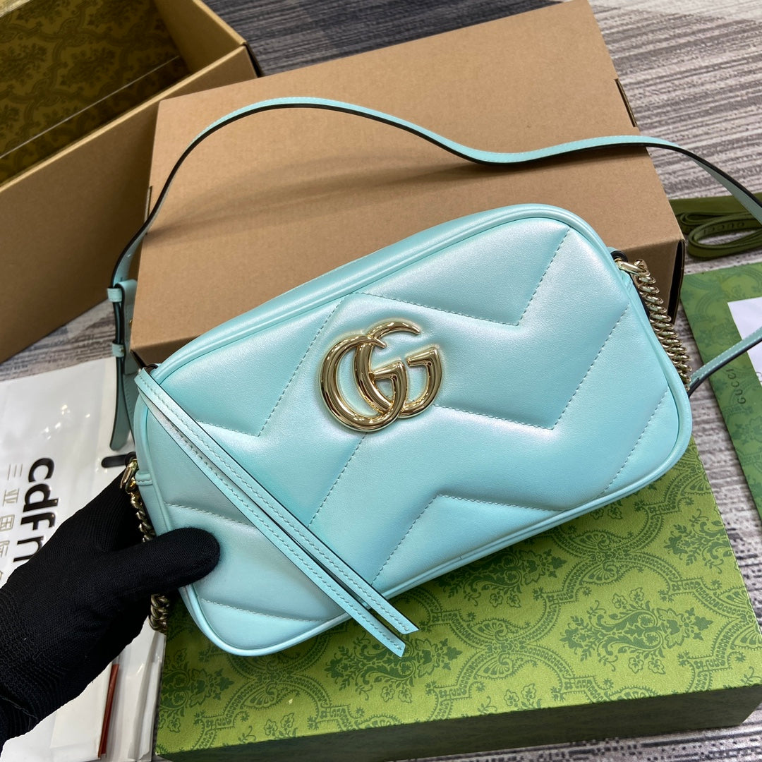 GG MARMONT 24 SMALL MATELASSÉ SHOULDER BAG BLUE IRIDESCENT CALFSKIN House Of Sarah Bags