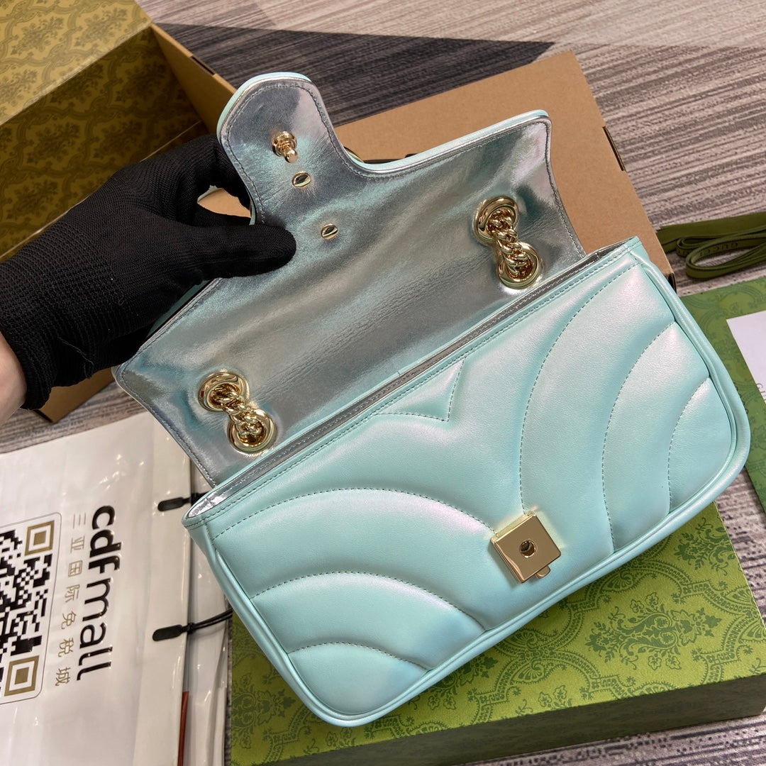 GG MARMONT 26 MEDIUM SHOULDER BAG BLUE IRIDESCENT CALFSKIN House Of Sarah Bags