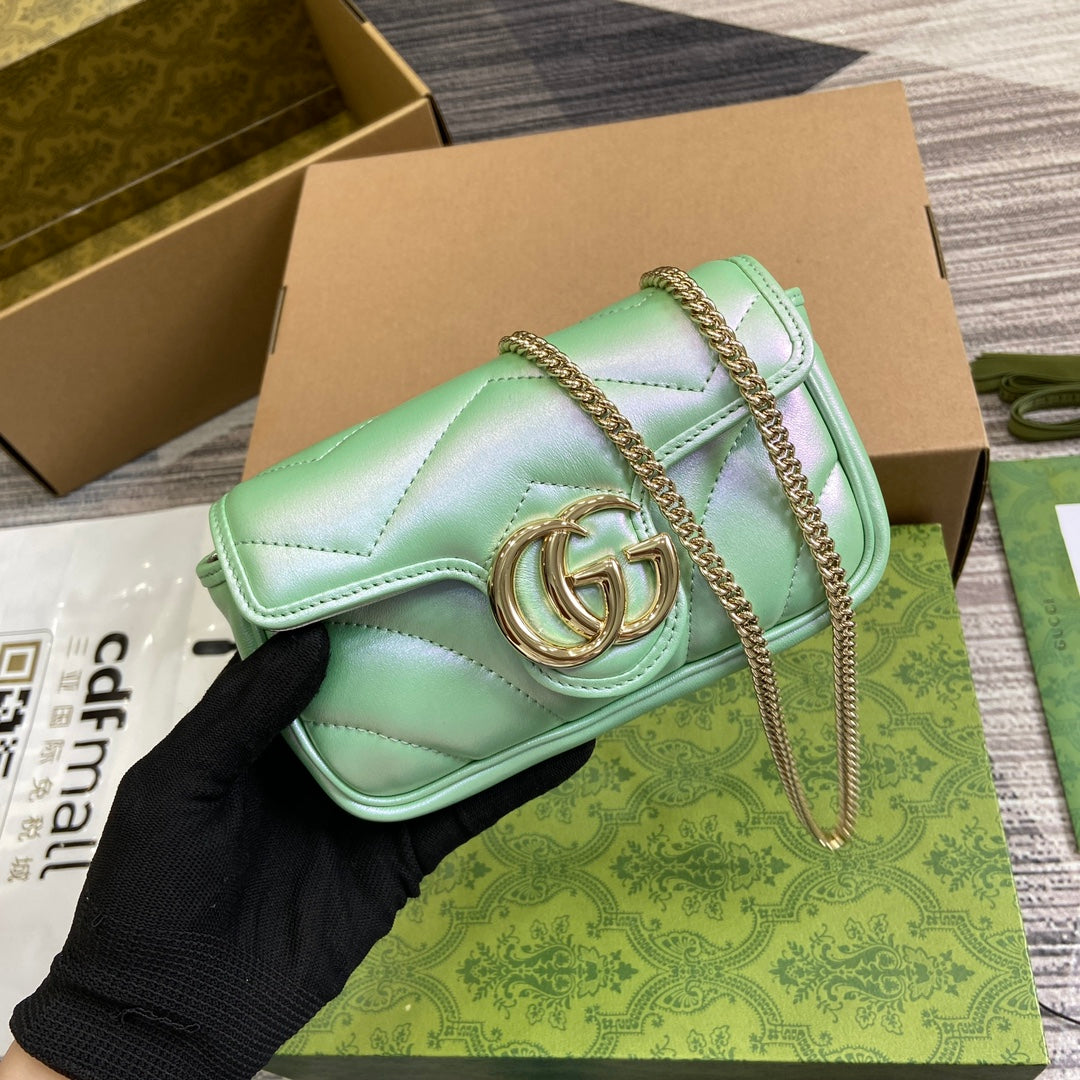 GG MARMONT 16 MINI SHOULDER BAG GREEN IRIDESCENT CALFSKIN House Of Sarah