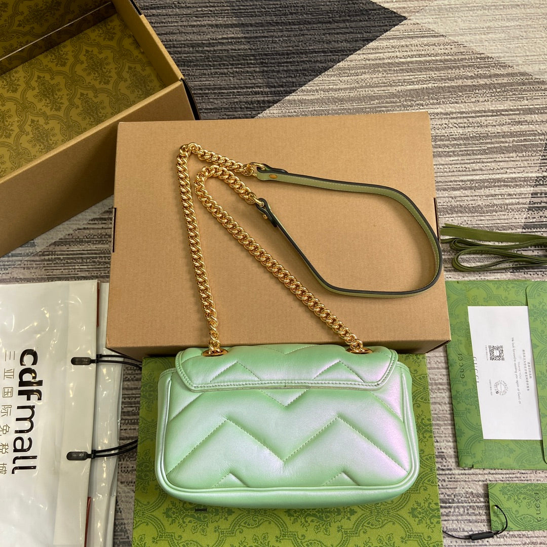 GG MARMONT 23 SMALL SHOULDER BAG GREEN IRIDESCENT CALFSKIN House Of Sarah