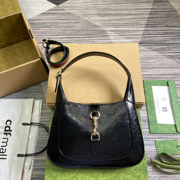 JACKIE SMALL SHOULDER BAG 27 IN BLACK CRACKED LACQUER CALFSKIN GOLD HARDWARE by House Of Sarah